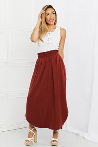 Zenana Solid Red Smocked Waist Slit Side Curved Hem Maxi Skirt