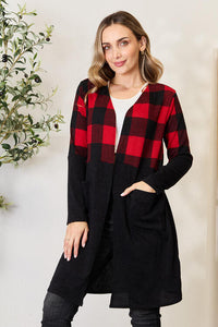 Heimish Red/Black Solid Plaid Contrast Open Front Longline Cardigan
