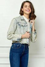 Load image into Gallery viewer, Veveret Multi Color Striped Rhinestone Raw Hem Denim Jacket
