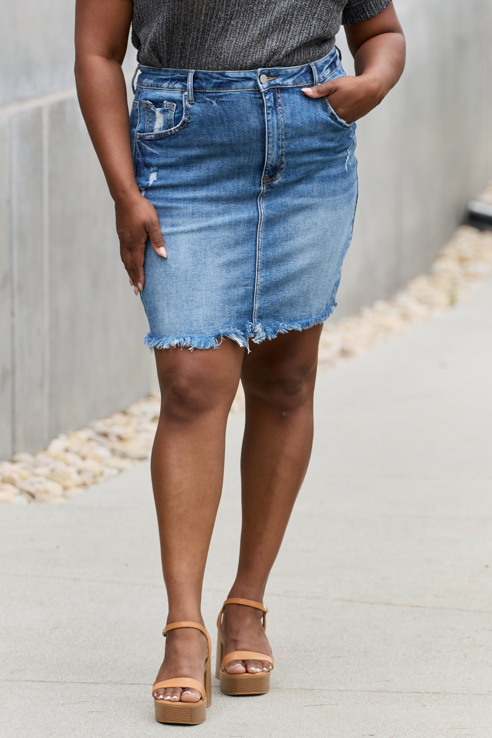 RISEN Amelia Distressed Blue Denim Mini Skirt