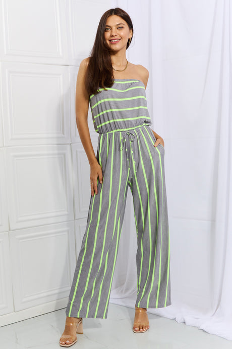 Sew In Love Gray Neon Lime Striped Jumpsuit