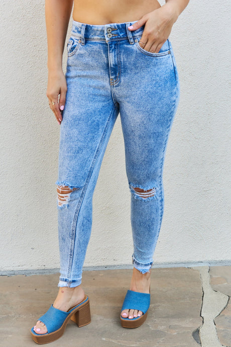 Kancan Emma High Rise Distressed Blue Mineral Washed Blue Denim Skinny Jeans