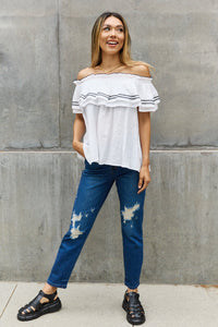 ODDI Off White Embroidered Off The Shoulder Overlay Top