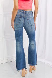 RISEN Hazel High Rise Distressed Chewed Raw Hem Flared Leg Blue Denim Jeans