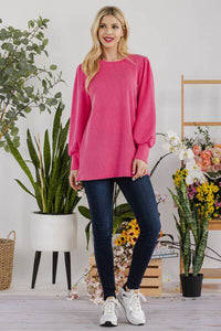 Celeste Pink Long Lantern Sleeve Ribbed Knit Top