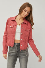 Load image into Gallery viewer, RISEN Red Distressed Raw Hem Cropped Denim Jacket
