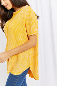 Zenana Solid Yellow Exposed Detailed Soft Waffle Knit Relaxed Fit Top