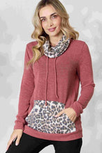 Load image into Gallery viewer, BiBi Solid Leopard Contrast Drawstring Cowl Neck Top
