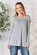 Load image into Gallery viewer, Hailey &amp; Co Cutout Gray Cold Shoulder Cutout High Low Split Hem Knit Top

