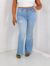 Load and play video in Gallery viewer, Vibrant MIU Jess High Rise Destressed Button Fly Flared Leg Blue Denim Jeans
