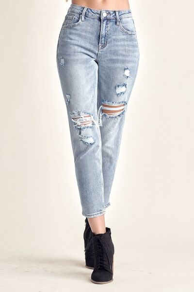 RISEN Distressed Cropped Blue Denim Skinny Jeans