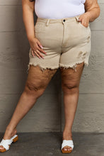 Load image into Gallery viewer, RISEN Katie High Rise Distressed Chewed Raw Hem Sand Brown Denim Shorts
