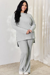 Basic Bae Solid Color Two Piece Ribbed Knit Relaxed Fit Loungewear Set