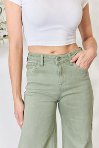 RISEN High Waisted Raw Hem Wide Leg Sage Green Denim Jeans