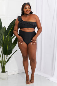 Marina West Swim Solid Black One Shoulder Ruffle Two Piece Bikini Set