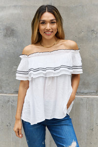 ODDI Off White Embroidered Off The Shoulder Overlay Top