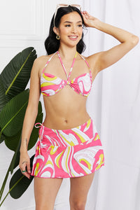 Marina West Swim Swirl Pink Bandeau Three Piece Bikini and Skirt Set