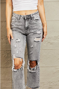 BAYEAS Instant Attraction Acid Wash High Waisted Destroyed Straight Leg Gray Denim Jeans