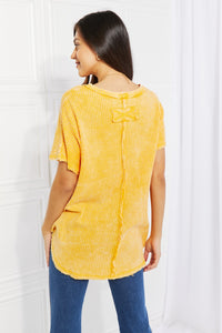 Zenana Solid Yellow Exposed Detailed Soft Waffle Knit Relaxed Fit Top