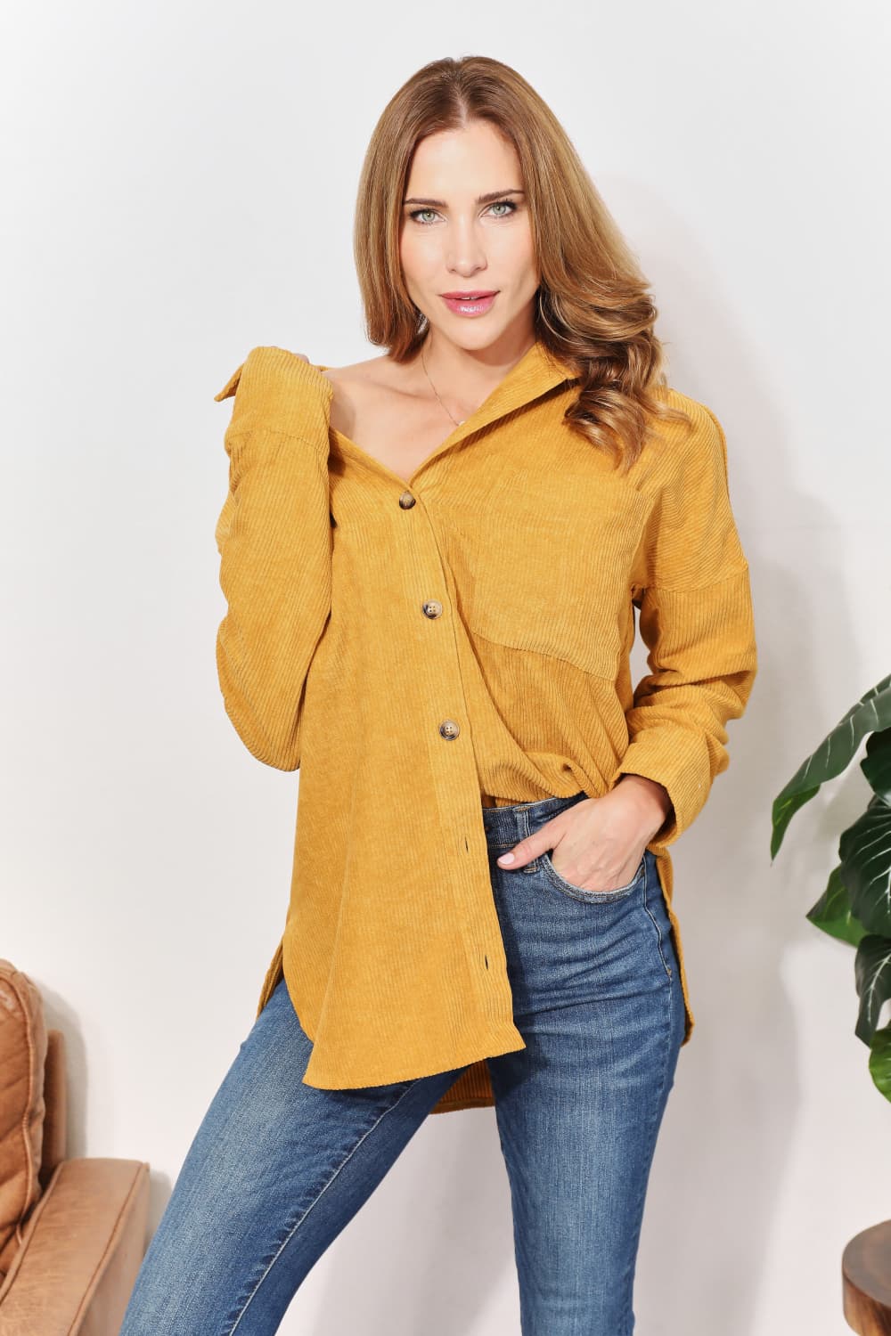 HEYSON Yellow Oversized Corduroy Button Down Shirt