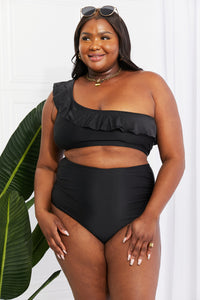 Marina West Swim Solid Black One Shoulder Ruffle Two Piece Bikini Set