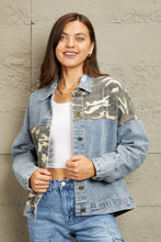 Load image into Gallery viewer, GeeGee Blue Washed Denim Camo Contrast Jean Jacket
