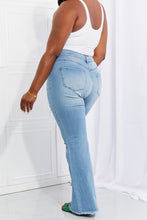 Load image into Gallery viewer, Vibrant MIU Jess High Rise Destressed Button Fly Flared Leg Blue Denim Jeans
