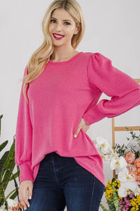 Celeste Pink Long Lantern Sleeve Ribbed Knit Top