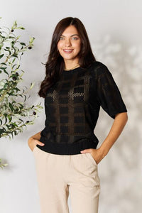 Double Take Black Ribbed Trim Half Sleeve Knit Top