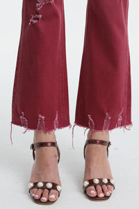 BAYEAS High Waisted Distressed Raw Hem Flared Leg Red Denim Jeans