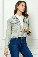 Load image into Gallery viewer, Veveret Multi Color Striped Rhinestone Raw Hem Denim Jacket
