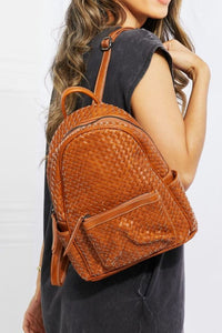 SHOMICO Chestnut Brown Vegan Leather Woven Backpack