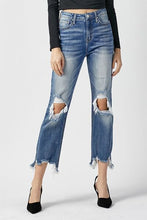 Load image into Gallery viewer, RISEN High Waisted Distressed Chewed Raw Hem Blue Denim Cropped Straight Leg Jeans
