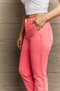 RISEN Kenya High Rise Side Twill Contrast Straight Pink Denim Jeans