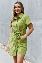 Load image into Gallery viewer, Jade By Jane Solid Green Button Down Tie Waist Pocketed Mini Dress
