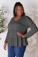 Load image into Gallery viewer, Double Take Half Button Long Sleeve Ruffle Hem Top
