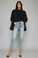 Carregar imagem no visualizador da galeria, Kancan High Waisted Button Fly Raw Hem Cropped Blue Denim Straight Leg Jeans
