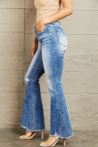 BAYEAS Izzie Mid Rise Distressed Chewed Raw Hem Blue Denim Bootcut Jeans