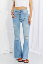 Load image into Gallery viewer, Vibrant MIU Jess High Rise Destressed Button Fly Flared Leg Blue Denim Jeans
