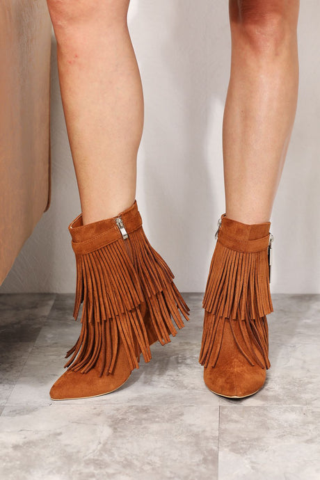 Legend Ochre Brown Tassel Wedge Heel Ankle Boots