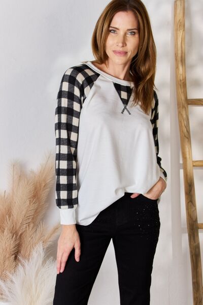 Hailey & Co Solid Plaid Contrast Long Raglan Sleeve Top