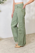 Load image into Gallery viewer, RISEN High Waisted Raw Hem Wide Leg Sage Green Denim Jeans
