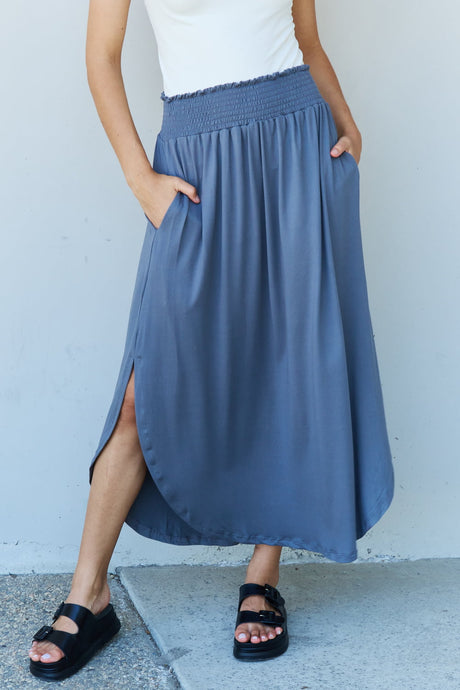 Doublju Dusty Blue Smocked Waist Scoop Side Slit Curved Hem Maxi Skirt