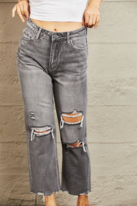 BAYEAS Livin' For A Livin" Mid Rise Destroyed Chewed Raw Hem Cropped Gray Denim Dad Jeans