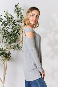 Hailey & Co Cutout Gray Cold Shoulder Cutout High Low Split Hem Knit Top