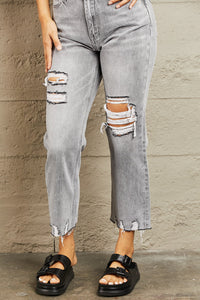 BAYEAS Daydream High Waisted Destroyed Cropped Gray Denim Mom Jeans